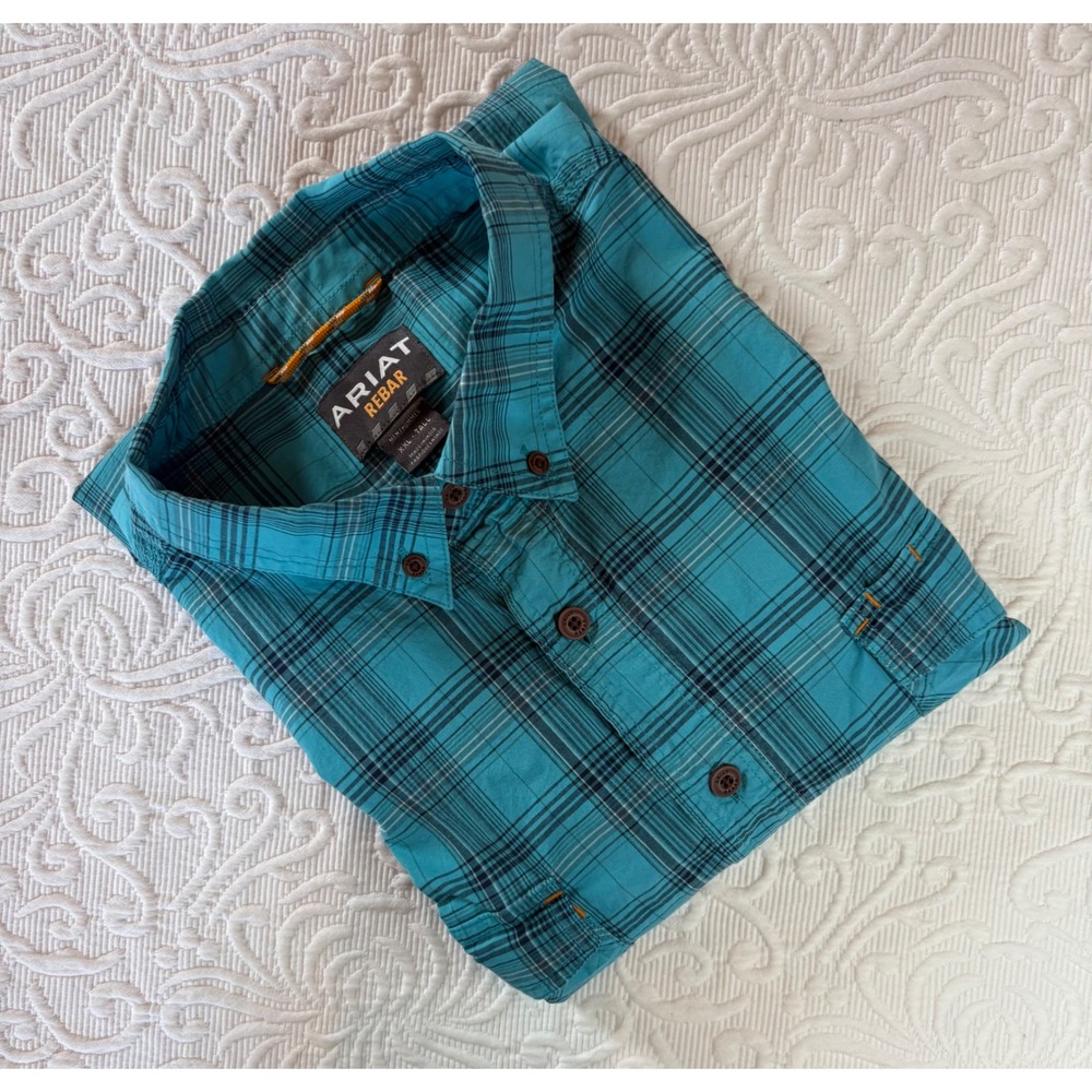 Ariat Rebar Mens XXL Tall Turquoise Plaid Short Sleeve Button Down Work Shirt